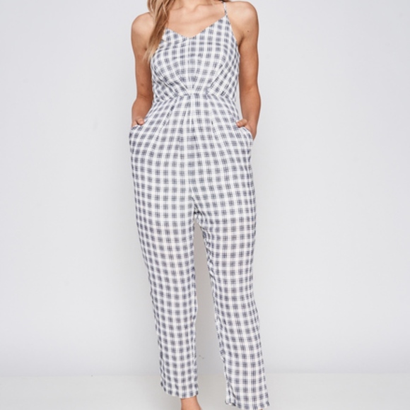 Luxe Label Pants - WHITE NAVY HEATHER V-NECK JUMPSUIT